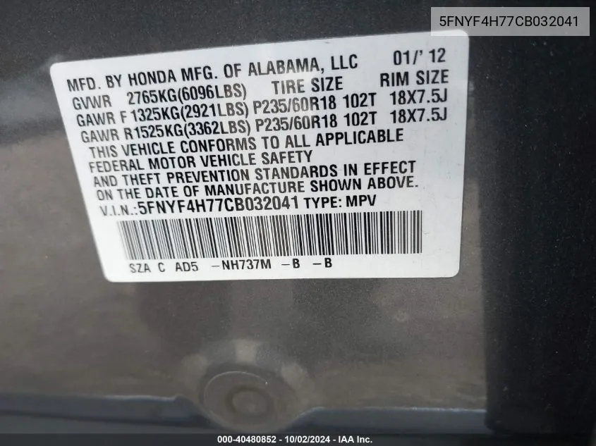 5FNYF4H77CB032041 2012 Honda Pilot Ex-L