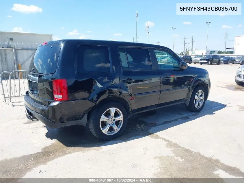 2012 Honda Pilot Ex VIN: 5FNYF3H43CB035700 Lot: 40481087