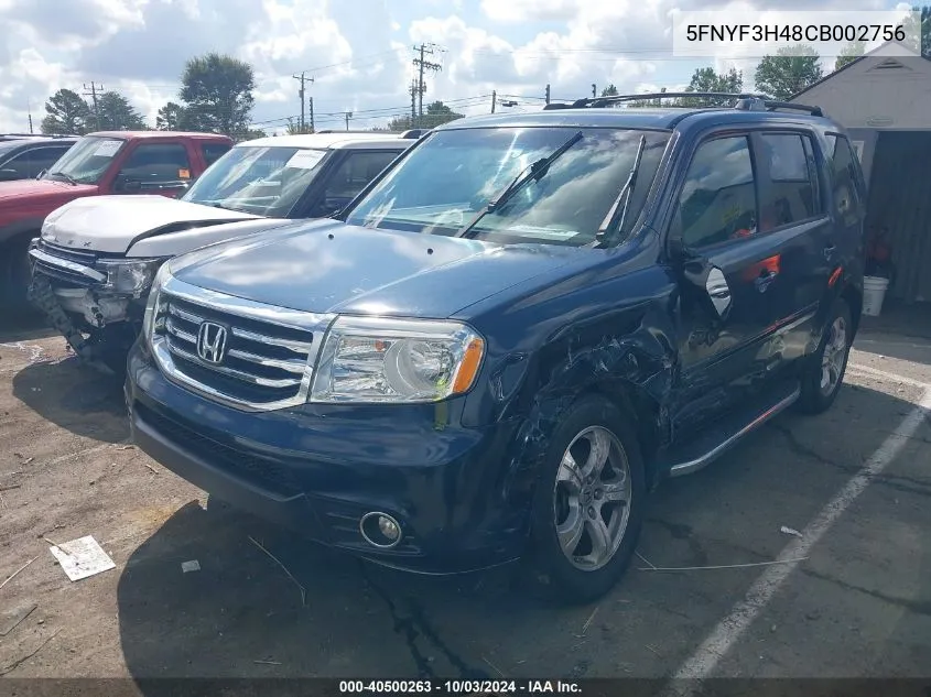 2012 Honda Pilot Ex VIN: 5FNYF3H48CB002756 Lot: 40500263