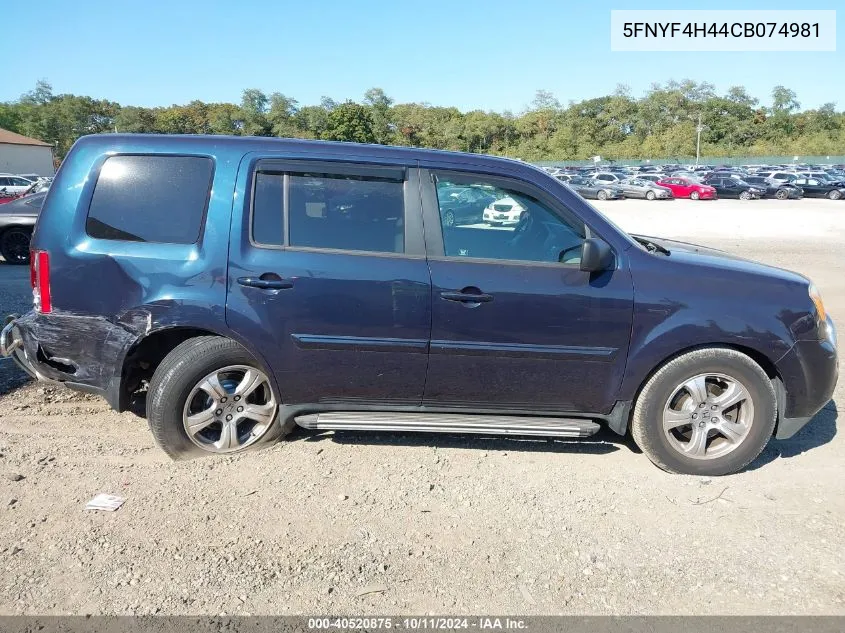 2012 Honda Pilot Ex VIN: 5FNYF4H44CB074981 Lot: 40520875