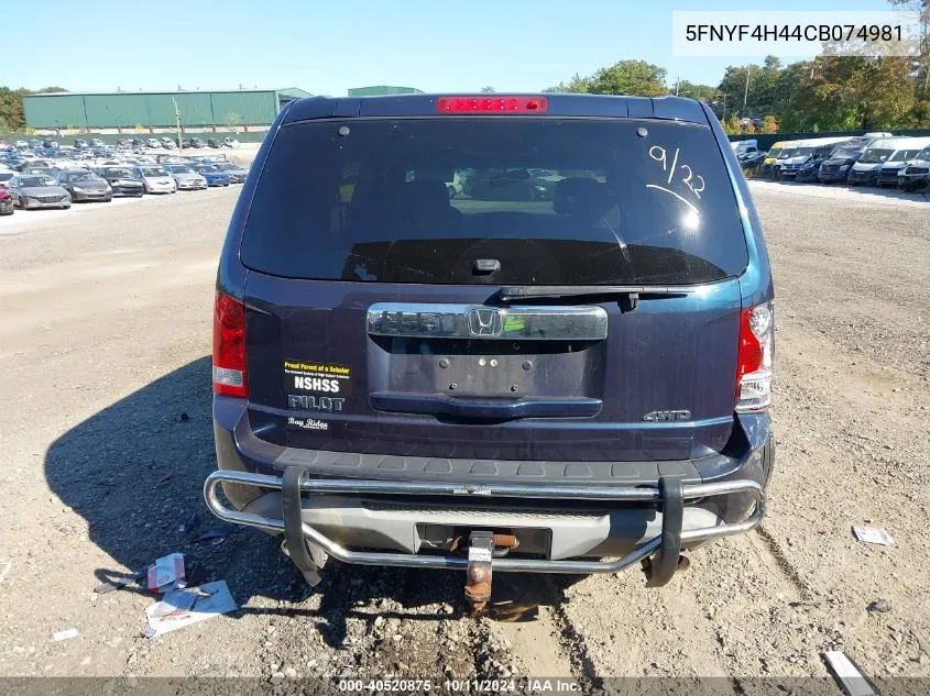 2012 Honda Pilot Ex VIN: 5FNYF4H44CB074981 Lot: 40520875