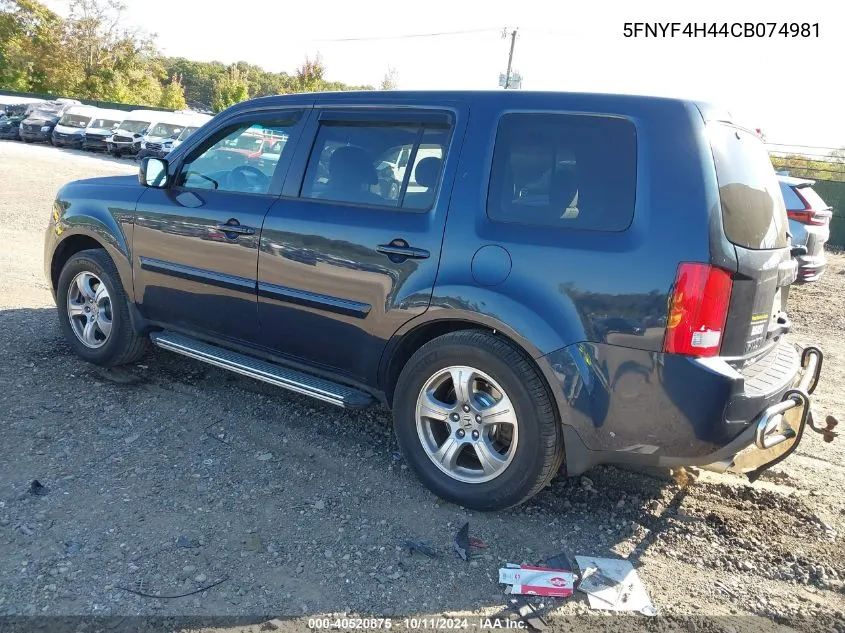 2012 Honda Pilot Ex VIN: 5FNYF4H44CB074981 Lot: 40520875