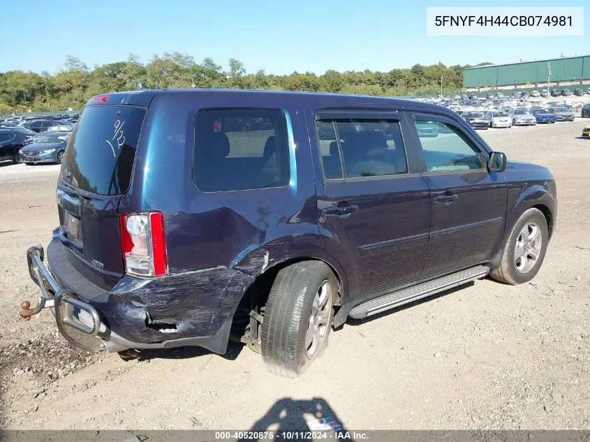 2012 Honda Pilot Ex VIN: 5FNYF4H44CB074981 Lot: 40520875