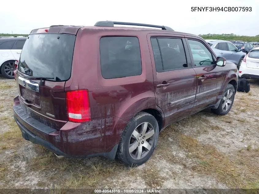 2012 Honda Pilot Touring VIN: 5FNYF3H94CB007593 Lot: 40543315