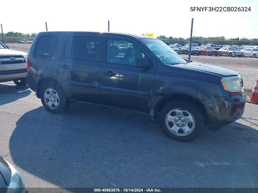 2012 Honda Pilot Lx VIN: 5FNYF3H22CB026324 Lot: 40563576