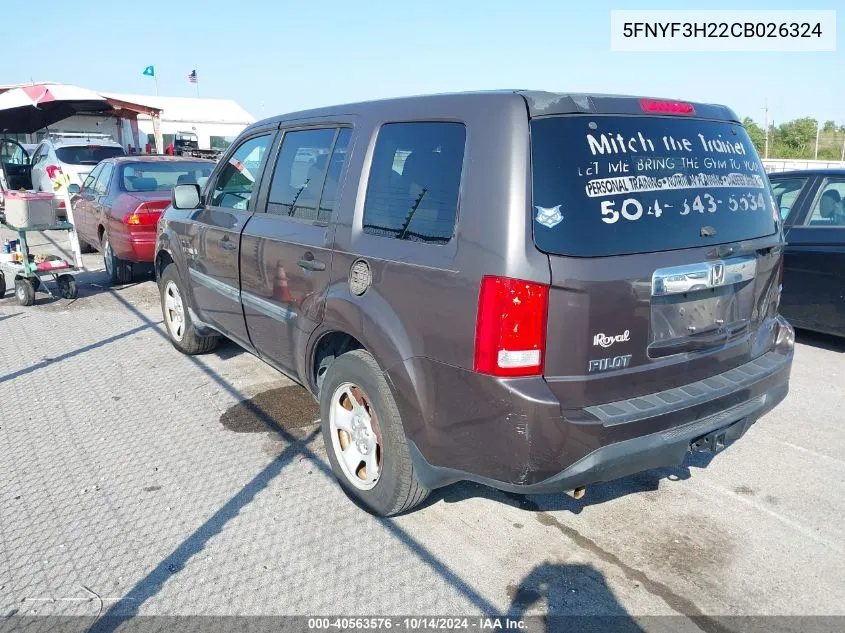 2012 Honda Pilot Lx VIN: 5FNYF3H22CB026324 Lot: 40563576