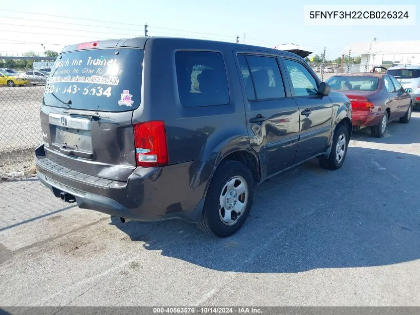 2012 Honda Pilot Lx VIN: 5FNYF3H22CB026324 Lot: 40563576