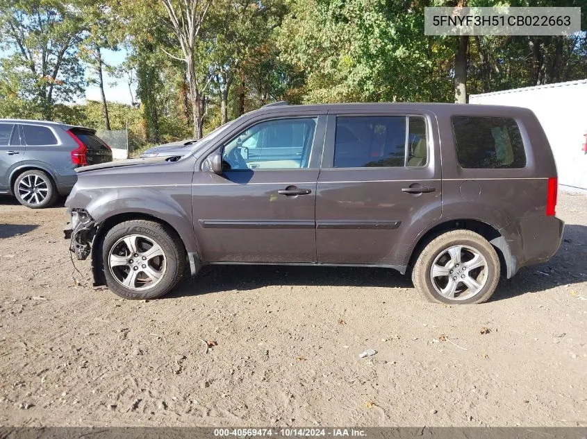 2012 Honda Pilot Ex-L VIN: 5FNYF3H51CB022663 Lot: 40569474