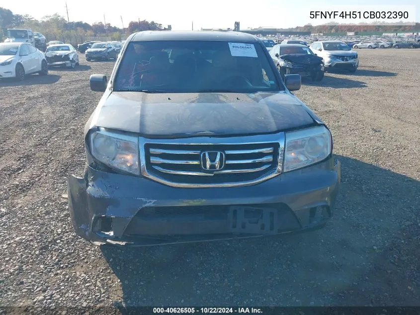 2012 Honda Pilot Ex-L VIN: 5FNYF4H51CB032390 Lot: 40626505