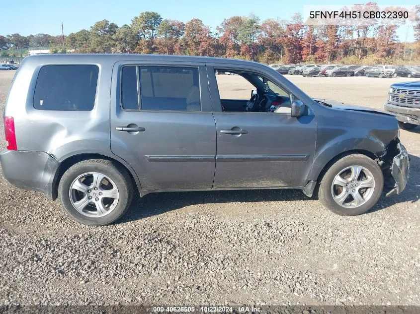 2012 Honda Pilot Ex-L VIN: 5FNYF4H51CB032390 Lot: 40626505