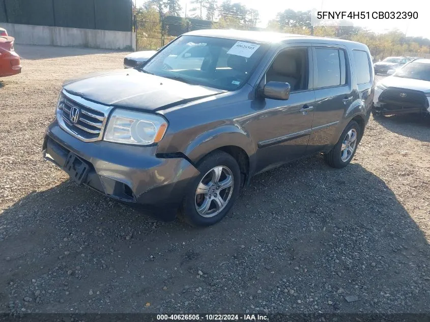 2012 Honda Pilot Ex-L VIN: 5FNYF4H51CB032390 Lot: 40626505