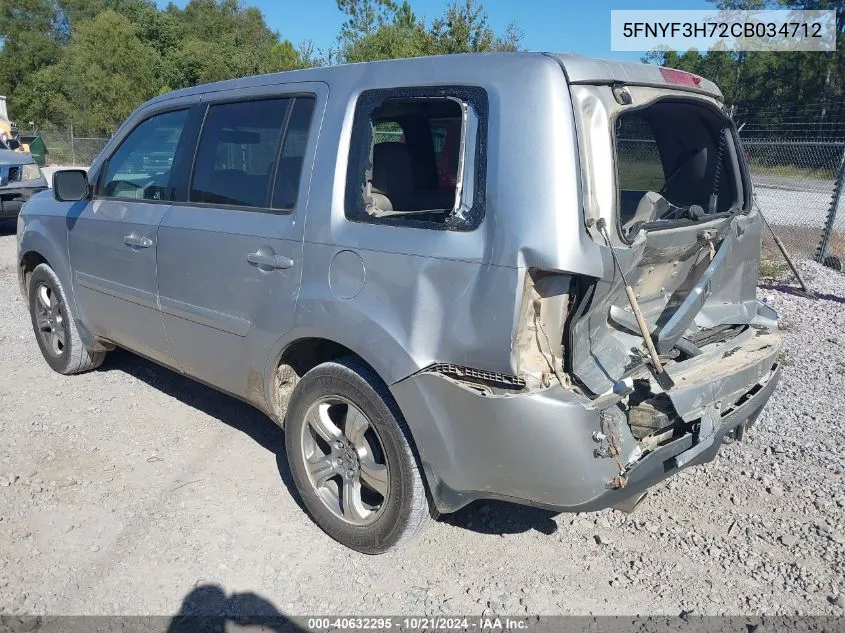 2012 Honda Pilot Ex-L VIN: 5FNYF3H72CB034712 Lot: 40632295