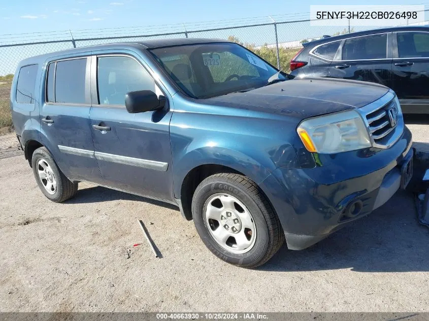 2012 Honda Pilot Lx VIN: 5FNYF3H22CB026498 Lot: 40663930