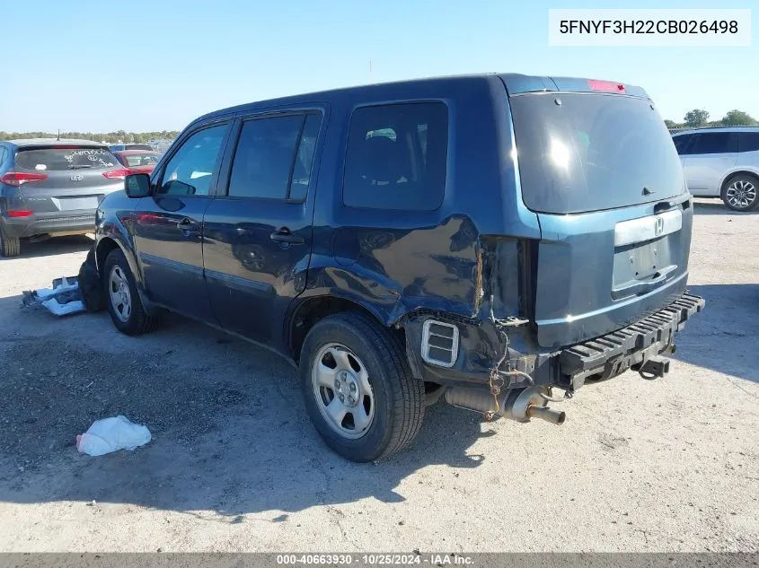 2012 Honda Pilot Lx VIN: 5FNYF3H22CB026498 Lot: 40663930