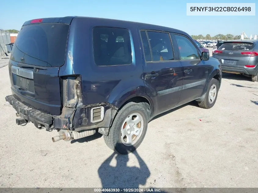 2012 Honda Pilot Lx VIN: 5FNYF3H22CB026498 Lot: 40663930