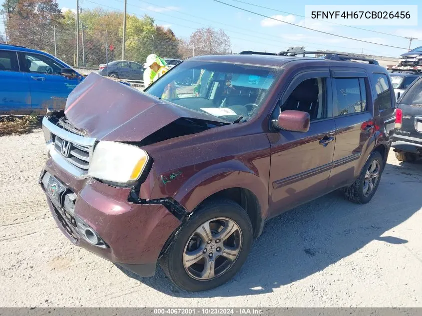 2012 Honda Pilot Ex-L VIN: 5FNYF4H67CB026456 Lot: 40672001