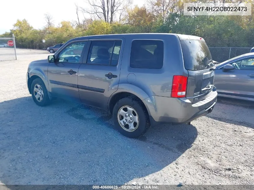 2012 Honda Pilot Lx VIN: 5FNYF4H22CB022473 Lot: 40686625