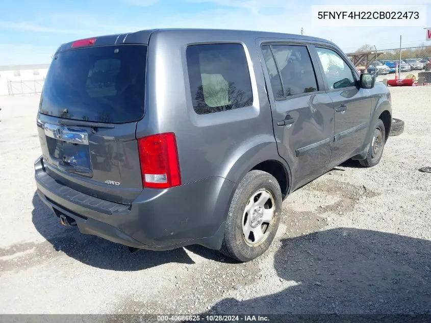 2012 Honda Pilot Lx VIN: 5FNYF4H22CB022473 Lot: 40686625