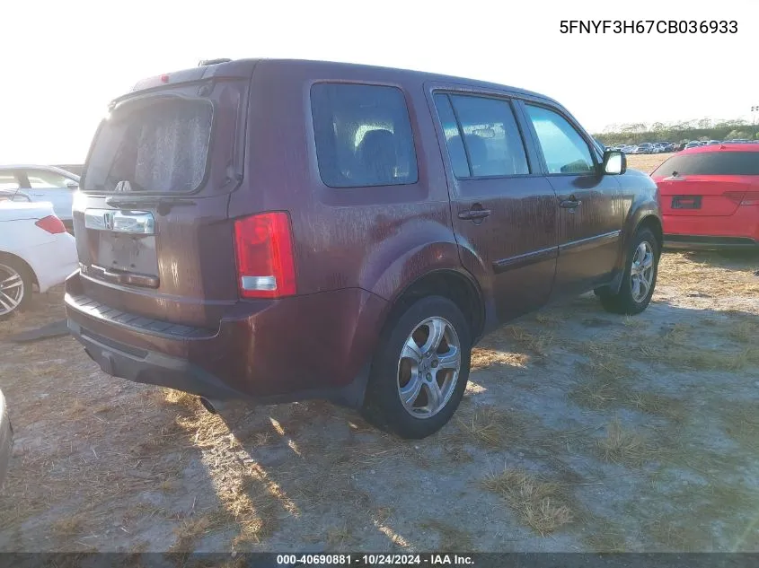 2012 Honda Pilot Exl VIN: 5FNYF3H67CB036933 Lot: 40690881