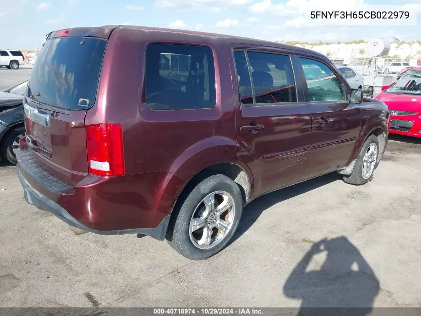 2012 Honda Pilot Ex-L VIN: 5FNYF3H65CB022979 Lot: 40718974