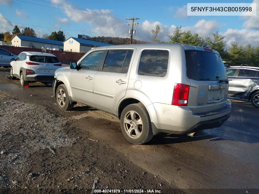 2012 Honda Pilot Ex VIN: 5FNYF3H43CB005998 Lot: 40741979