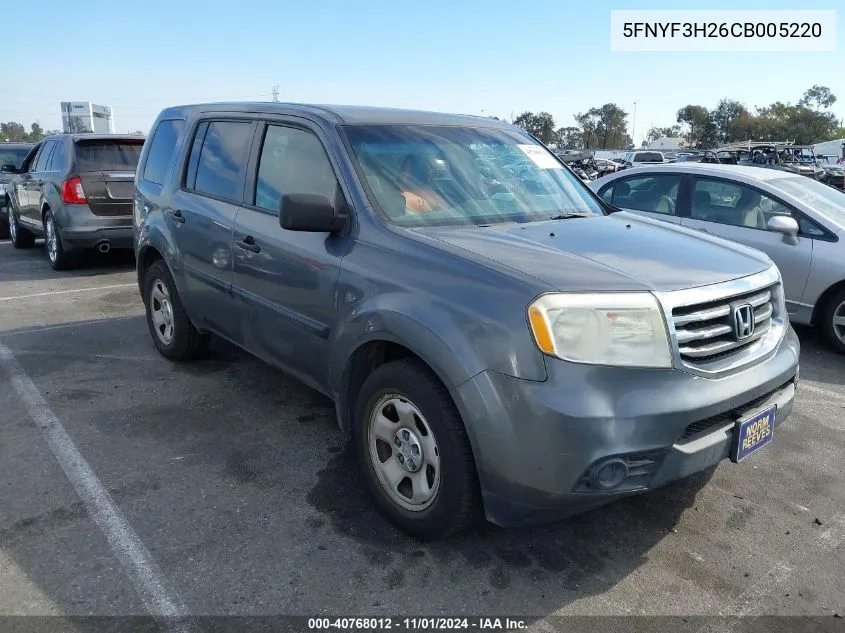 2012 Honda Pilot Lx VIN: 5FNYF3H26CB005220 Lot: 40768012