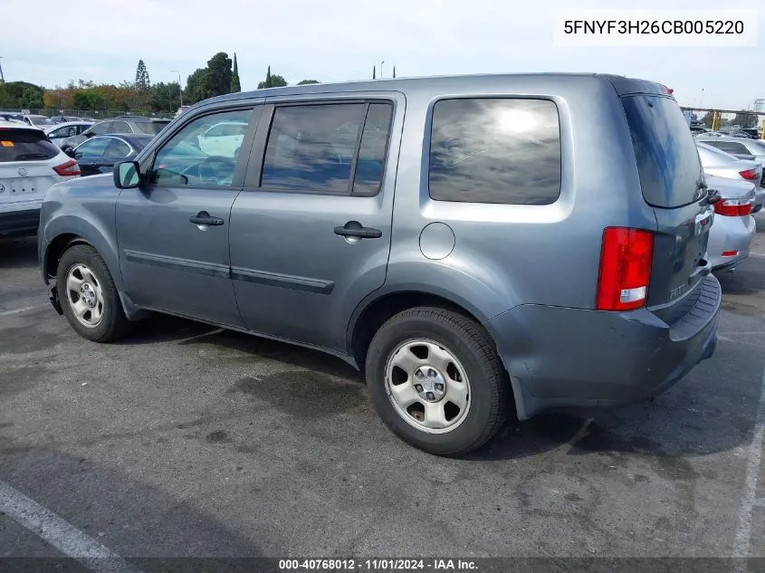 2012 Honda Pilot Lx VIN: 5FNYF3H26CB005220 Lot: 40768012