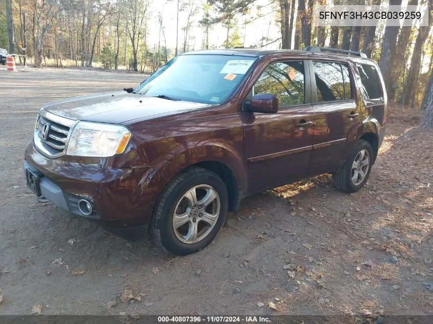 2012 Honda Pilot Ex VIN: 5FNYF3H43CB039259 Lot: 40807396