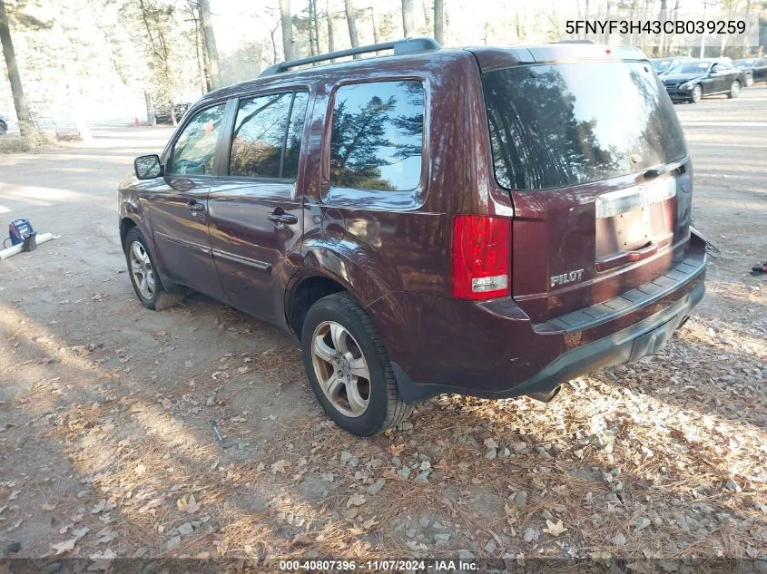 2012 Honda Pilot Ex VIN: 5FNYF3H43CB039259 Lot: 40807396