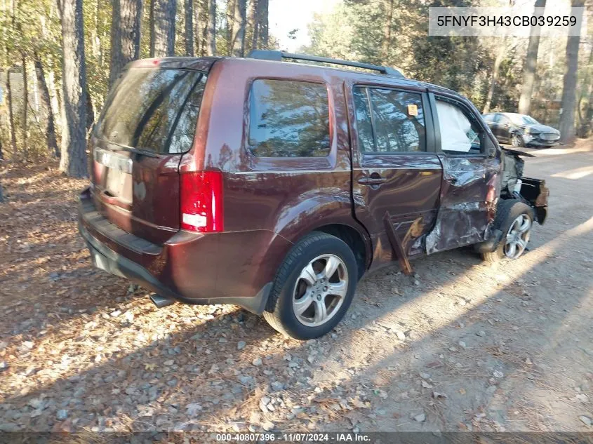 2012 Honda Pilot Ex VIN: 5FNYF3H43CB039259 Lot: 40807396