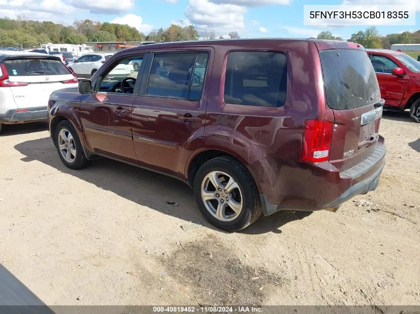 2012 Honda Pilot Ex-L VIN: 5FNYF3H53CB018355 Lot: 40819452