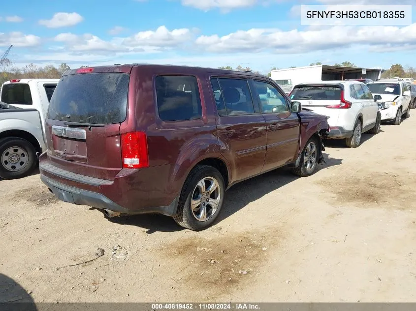 2012 Honda Pilot Ex-L VIN: 5FNYF3H53CB018355 Lot: 40819452