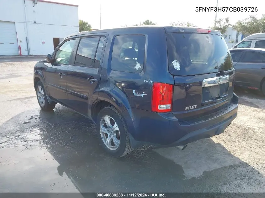 2012 Honda Pilot Ex-L VIN: 5FNYF3H57CB039726 Lot: 40838238