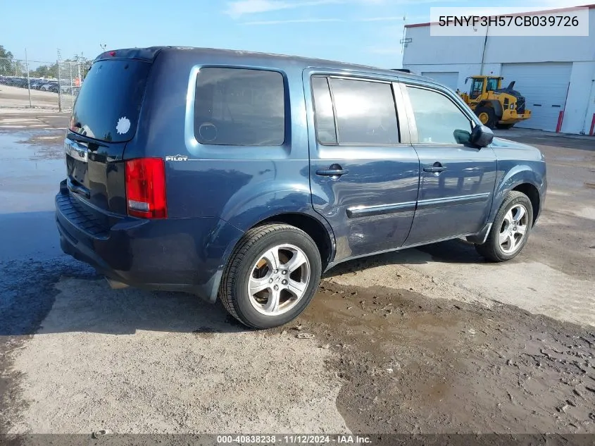 2012 Honda Pilot Ex-L VIN: 5FNYF3H57CB039726 Lot: 40838238