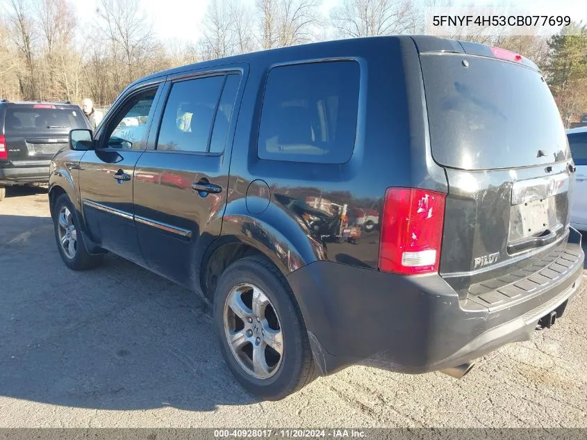 2012 Honda Pilot Ex-L VIN: 5FNYF4H53CB077699 Lot: 40928017