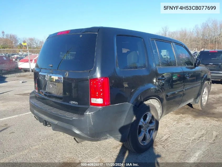 2012 Honda Pilot Ex-L VIN: 5FNYF4H53CB077699 Lot: 40928017