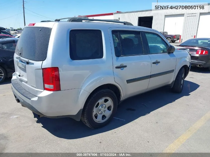 2013 Honda Pilot Lx VIN: 5FNYF4H27DB060198 Lot: 39797806