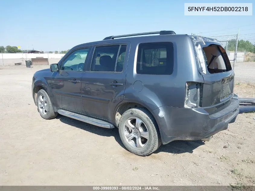 2013 Honda Pilot Ex-L VIN: 5FNYF4H52DB002218 Lot: 39989393