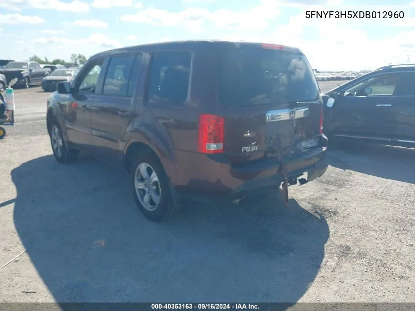 2013 Honda Pilot Exl VIN: 5FNYF3H5XDB012960 Lot: 40353163