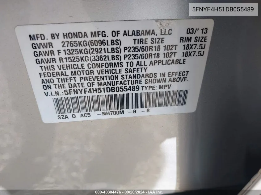 5FNYF4H51DB055489 2013 Honda Pilot Ex-L