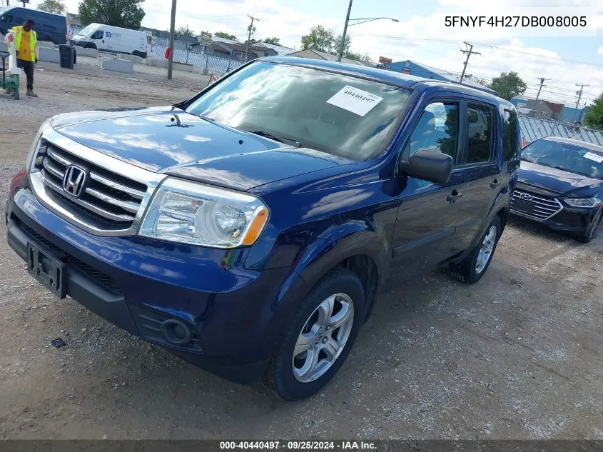 2013 Honda Pilot Lx VIN: 5FNYF4H27DB008005 Lot: 40440497