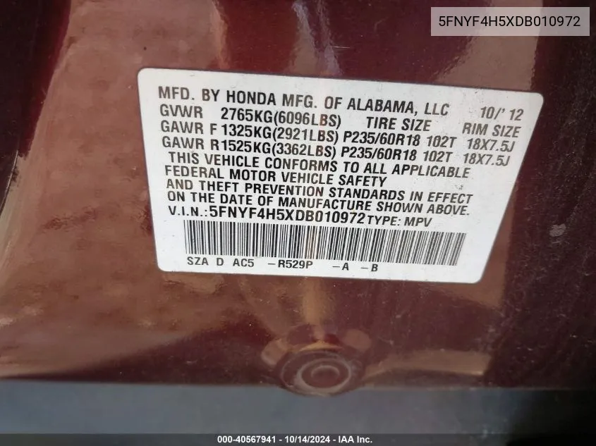 5FNYF4H5XDB010972 2013 Honda Pilot Ex-L