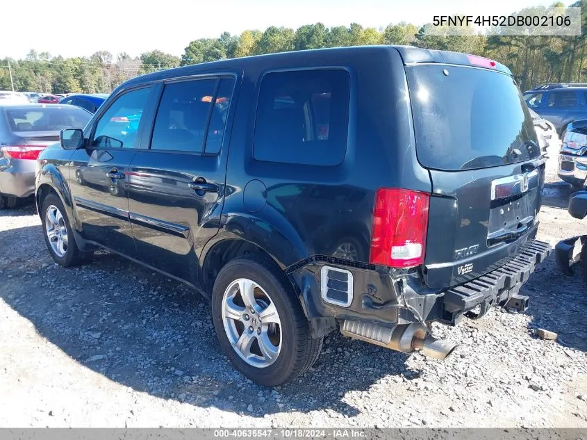 2013 Honda Pilot Ex-L VIN: 5FNYF4H52DB002106 Lot: 40635547