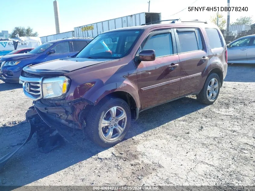 2013 Honda Pilot Ex-L VIN: 5FNYF4H51DB078240 Lot: 40694233