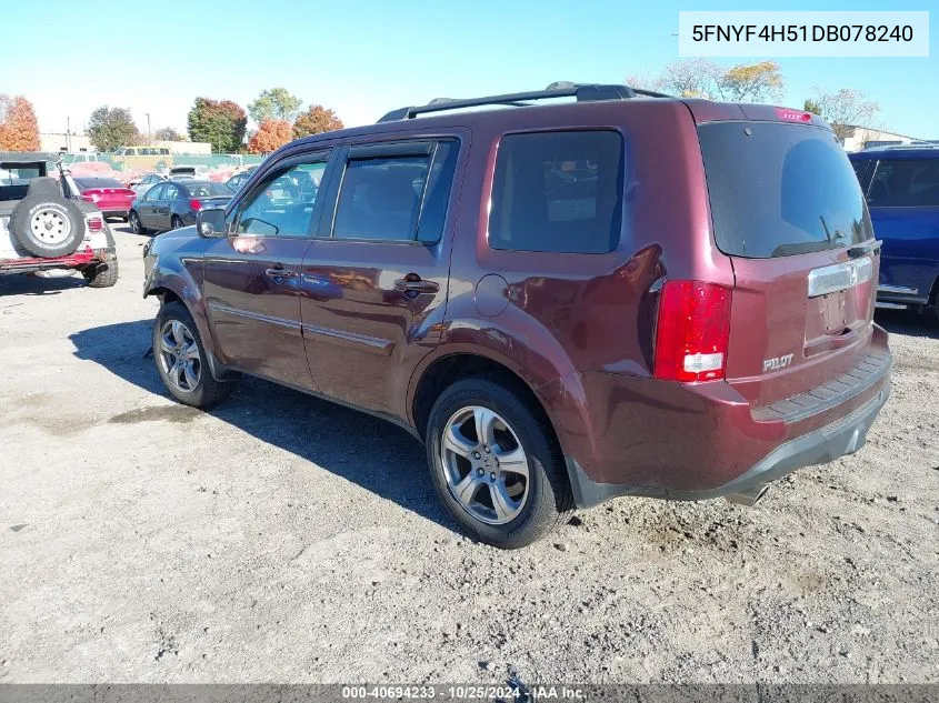 2013 Honda Pilot Ex-L VIN: 5FNYF4H51DB078240 Lot: 40694233