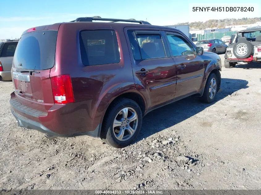 2013 Honda Pilot Ex-L VIN: 5FNYF4H51DB078240 Lot: 40694233