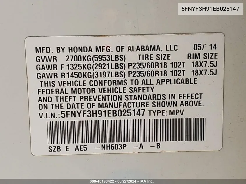 5FNYF3H91EB025147 2014 Honda Pilot Touring