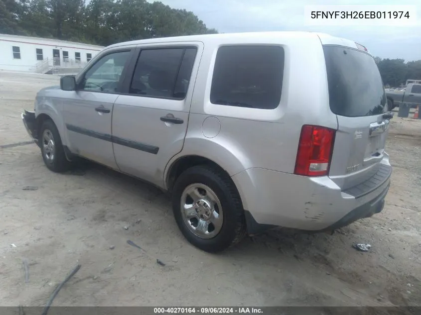 2014 Honda Pilot Lx VIN: 5FNYF3H26EB011974 Lot: 40270164