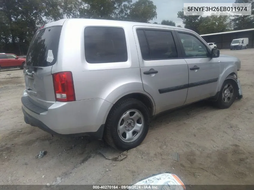 2014 Honda Pilot Lx VIN: 5FNYF3H26EB011974 Lot: 40270164