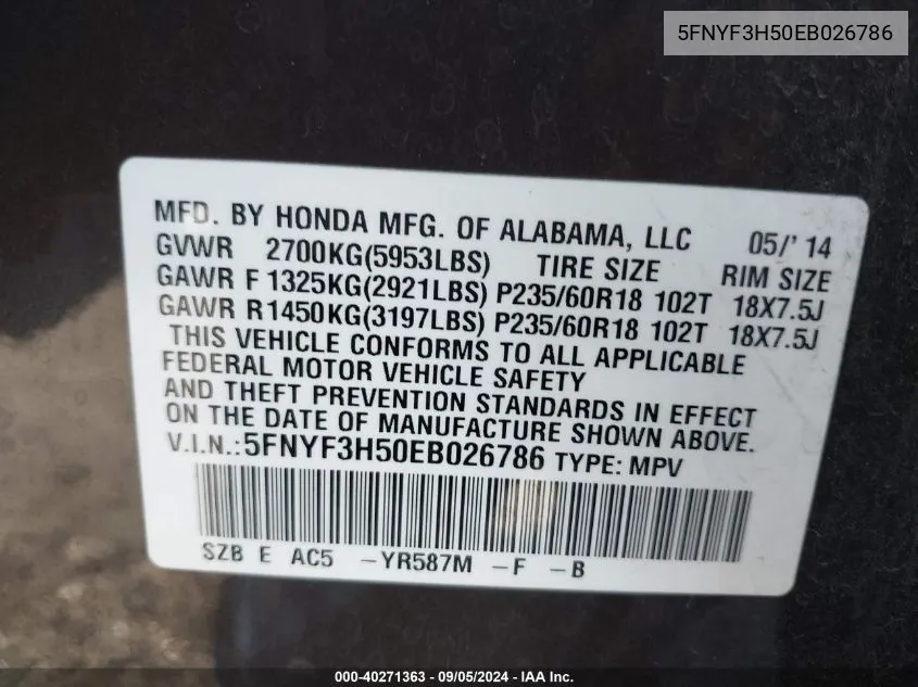 5FNYF3H50EB026786 2014 Honda Pilot Exl